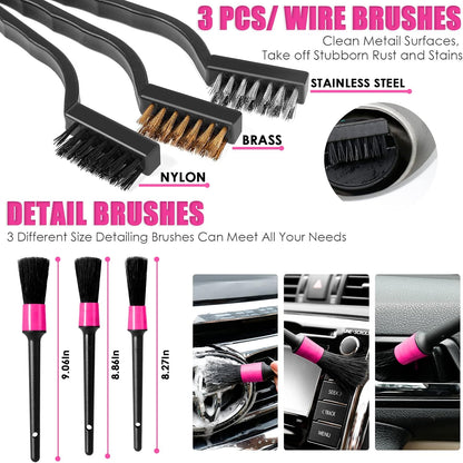 17pcs Car Cleaning Kit, Pink Car Interior Detailing Kit with High Power Handheld Vacuum, Detailing Brush Set, Windshield Cleaner, Cleaning Gel, Complete Auto Accessories for Women Gift
