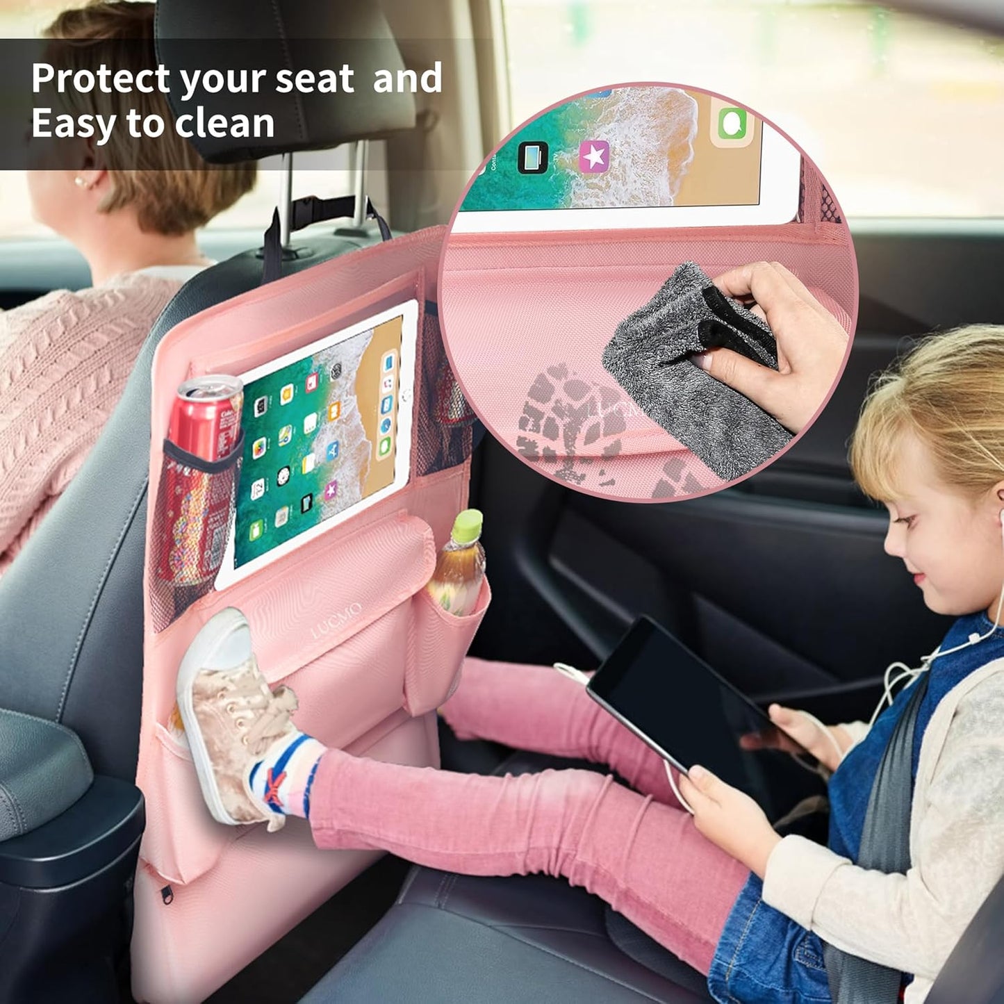 LUCMO Car Backseat Organizer with Tablet Holder,6 Storage Pockets Car Storage Organizer with Foldable Food Tray,Protectors Kick Mats Travel Accessories-Black