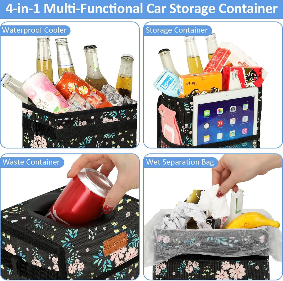 ELONGRIVER Car Trash Can Bin for Back Seat Leak Proof, Cute Car Trash Bag Hanging, Vehicle Trash Can for SUV Truck Van, Automotive Garbage Cans Front Seat Black