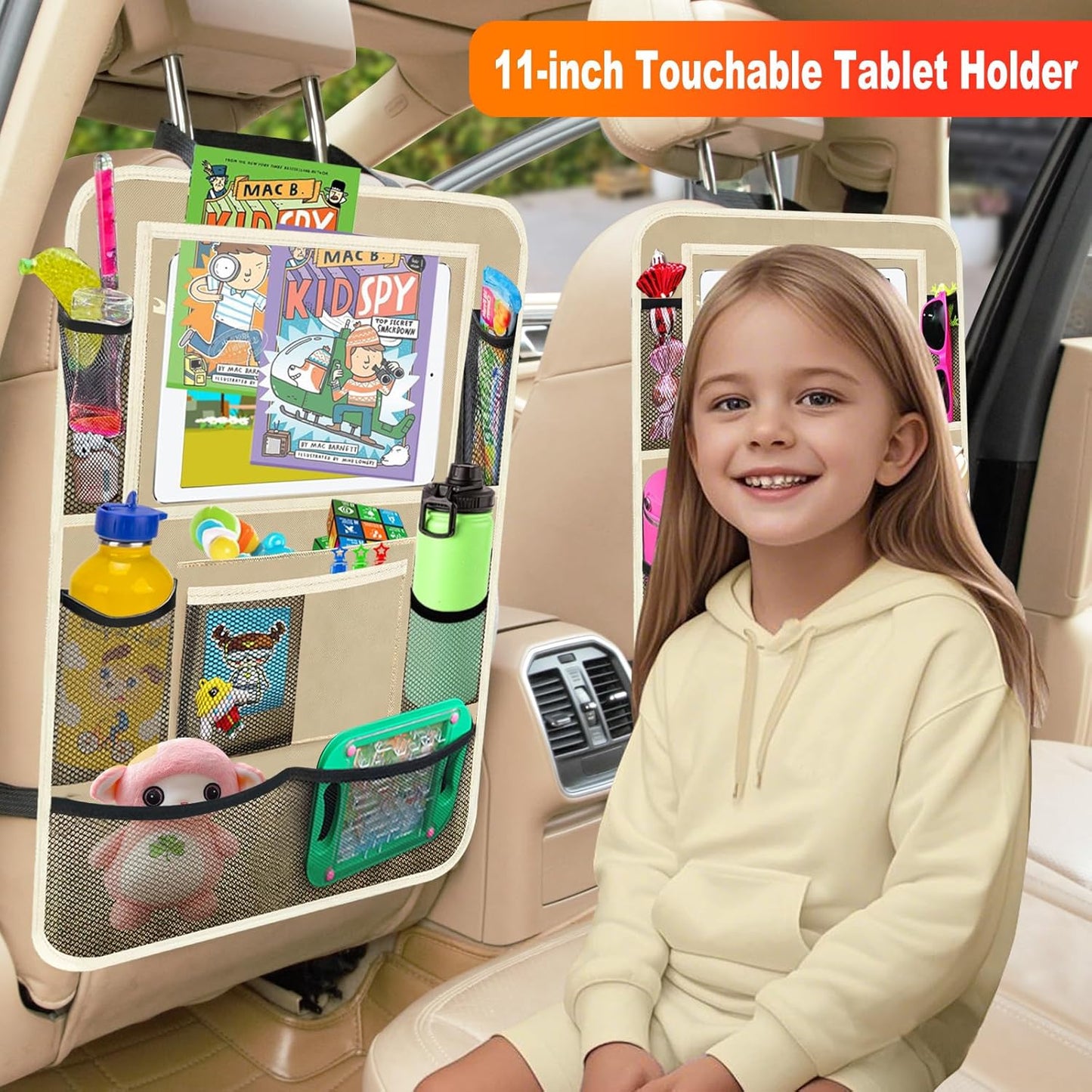 2Pack Car Backseat Organizer with Foldable Table Tray,6 Storage Pockets Car Storage Organizer with Tablet Holder,Car Seat Back Protectors Kick Mats Travel Accessories (Black)