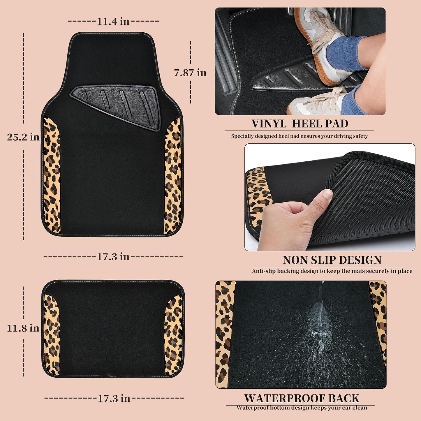 CAR PASS Waterproof Universal Car Floor Mats, Leopard Print Car Mats Fit for SUV,Vans,sedans, Trucks,Set of 4pcs Car Carpet with Driver Heel Pad and Nibs Backing, Leopard Car Accessories Gray Leopard
