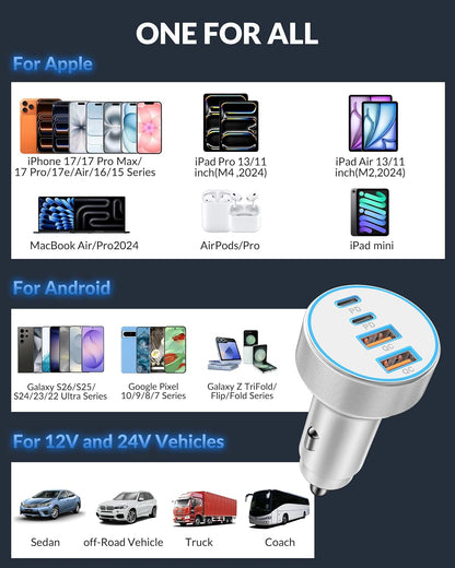 iPhone 17 16 15 Car Charger Fast Charging, 90W 4-Port USB C Fast Car Charger Cigarette Lighter Adapter with 240W 3FT USB-C Cable for iPhone 17/Air/17 Pro/17e/16/15 Pro Max/Plus/16e, iPad, Android