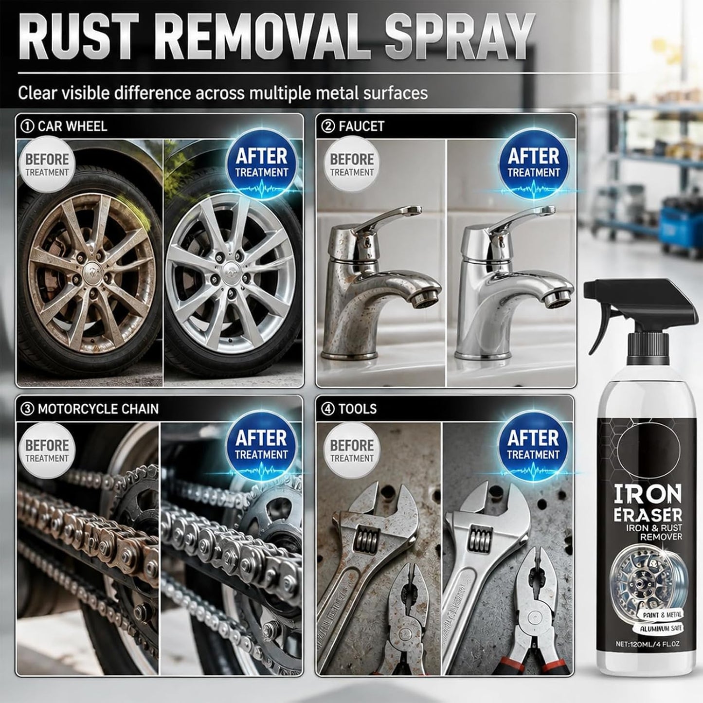 Iron Eraser Rust Remover Spray – Fast Acting Iron & Brake Dust Remover for Car Wheels and Paint, Professional Automotive Surface Cleaner, Iron Powder Remover (2 Pack)