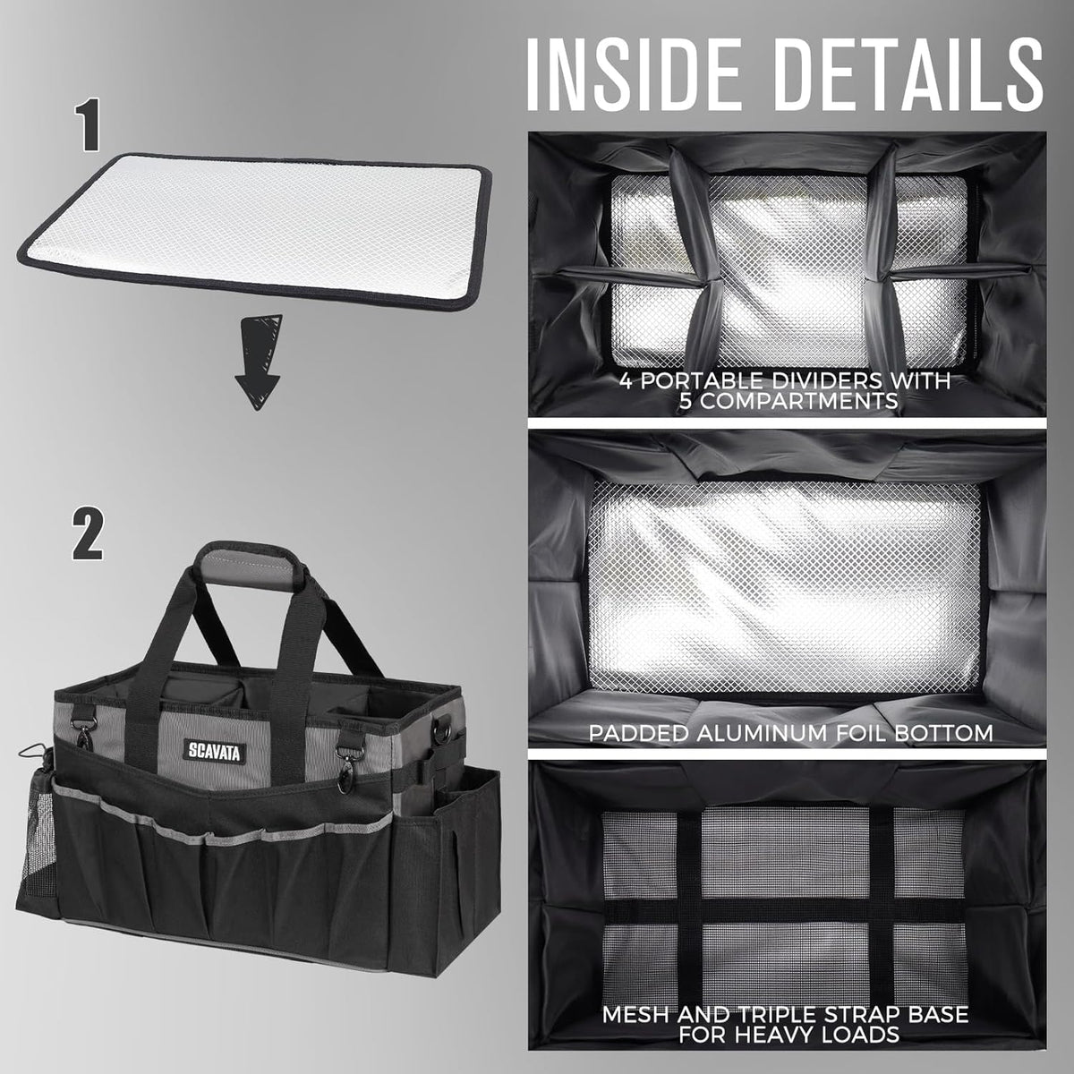 SCAVATA Wearable Cleaning Caddy Bag, Supplies Organizer with Handle & Shoulder Straps for Housekeepers, Under Sink & Car Cleaning Tool Organizer with 4 Foldable Dividers (Black)