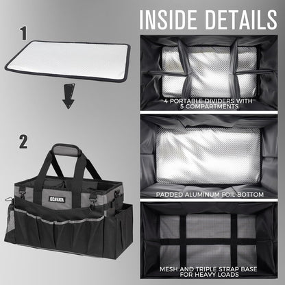 SCAVATA Wearable Cleaning Caddy Bag, Supplies Organizer with Handle & Shoulder Straps for Housekeepers, Under Sink & Car Cleaning Tool Organizer with 4 Foldable Dividers (Black)