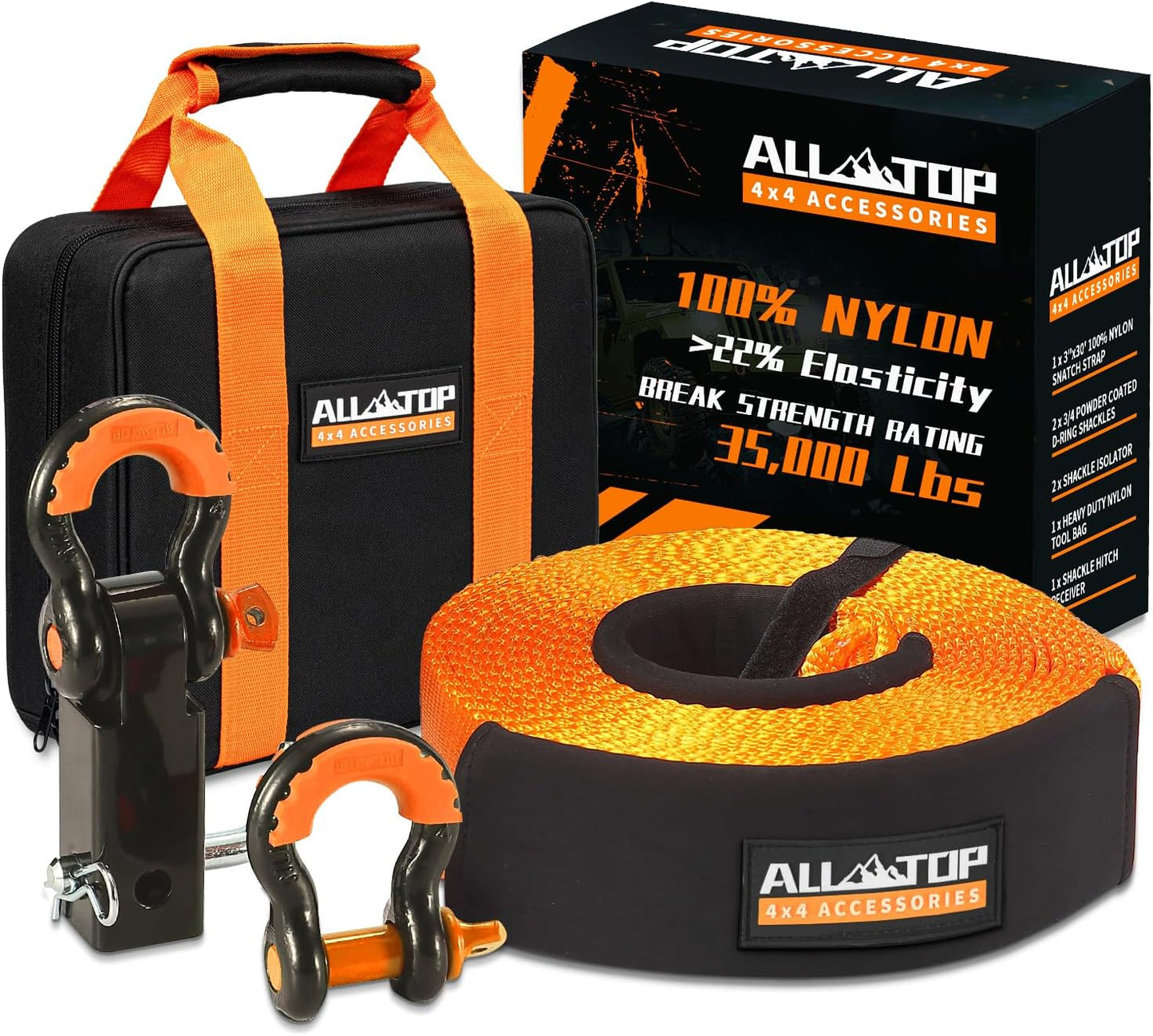 ALL-TOP Heavy Duty Tow Strap Recovery Kit: 3 inch x 20ft (35,000lbs) 100% Nylon and 22% Elongation Snatch Strap + 3/4 Heavy Duty D Ring Shackles (2pcs) + Storage Bag