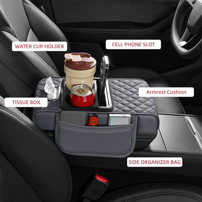 5 in 1 Car Center Console Cover, Armrest Pad with 2 Storage Pockets, Cup Holder, Tissue Slot, Phone Holder, Nappa Leather Memory Foam Car Accessories for SUV Sedan Truck (Black)