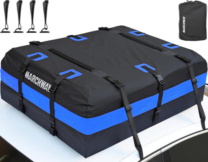 MARCHWAY Waterproof Car Roof Luggage Bag, Weatherproof Soft Shell Rooftop Cargo Carrier Bag for Vehicles with or Without Rack. 6 Door Hooks, Anti Slip Mat, Lock Included (21 Cubic Feet, Black)