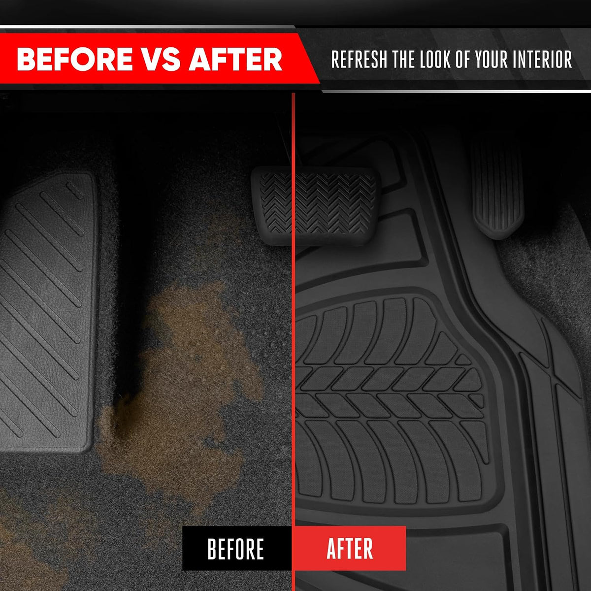 Motor Trend FlexTough Performance All Weather Rubber Car Floor Mats - 3 Piece Floor Mats Automotive Liners for Cars Truck SUV, Heavy-Duty Waterproof (Black)