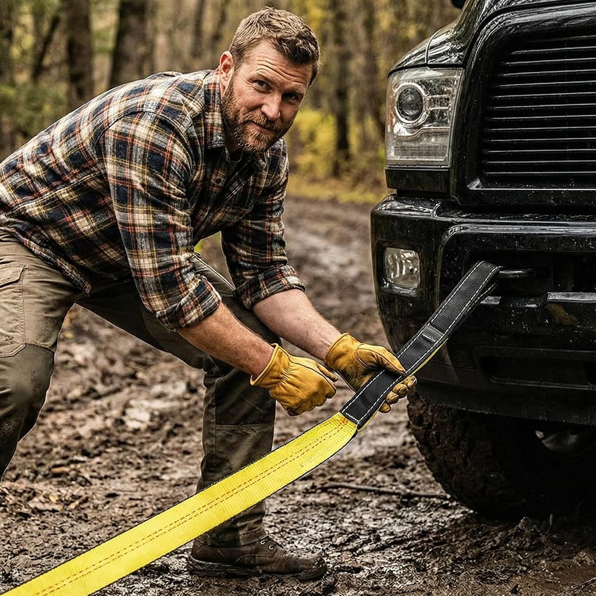 Recovery Tow Strap 2in X 20ft Heavy Duty 20,000 lbs Break Strength, Use for Emergency Towing Rope, Tree Saver, Winch Extension, Triple Reinforced Loops, Protective Sleeves,Car Accessories