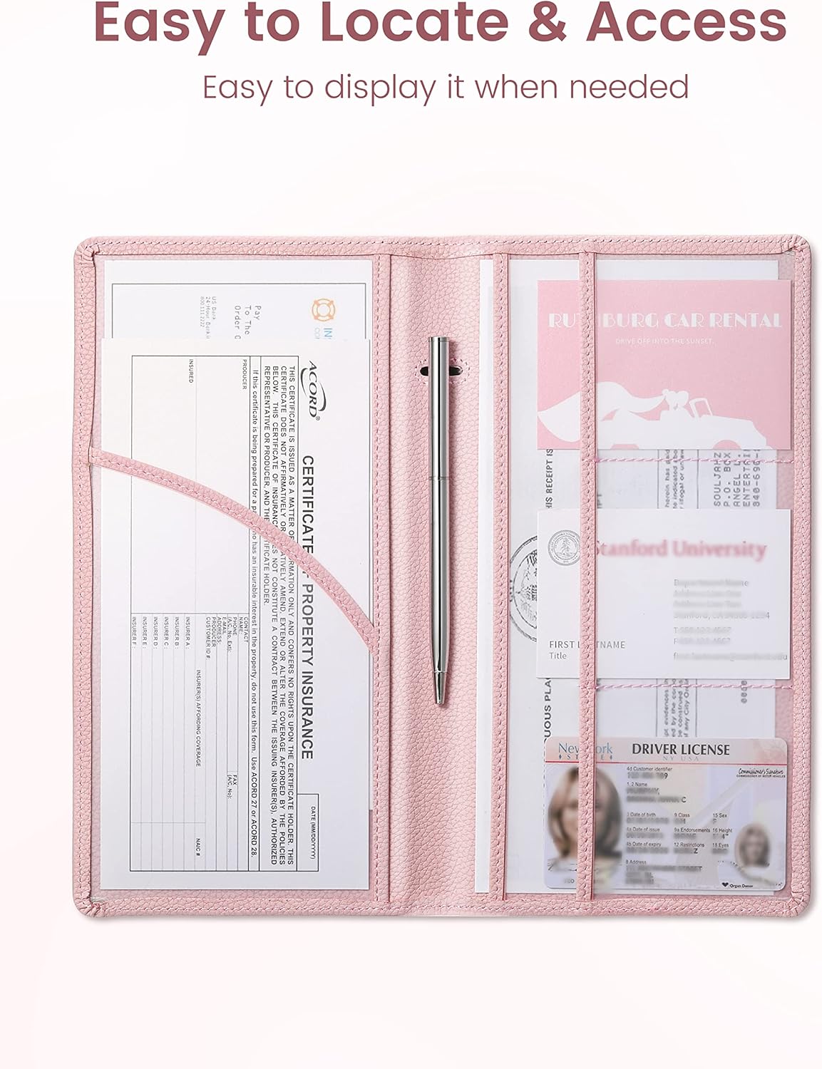 Yarnic Car Registration and Insurance Holder, Pu Leather Car Registration and Insurance Card Holder Car Document Holder for Cards, Essential Document, Driver License (Pink)