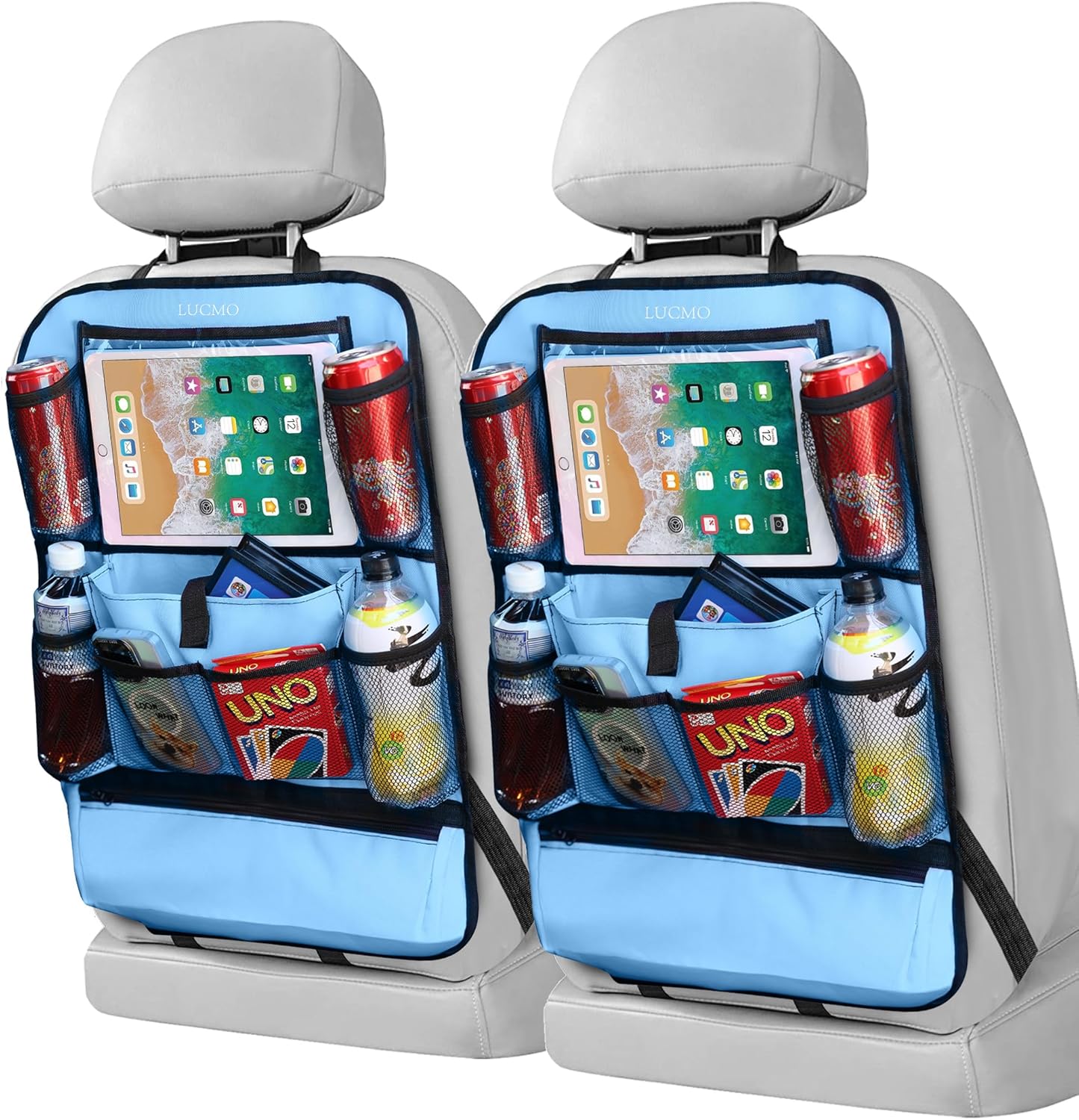 LUCMO Car Backseat Organizer with Tablet Holder,6 Storage Pockets Car Storage Organizer with Foldable Food Tray,Protectors Kick Mats Travel Accessories-Black