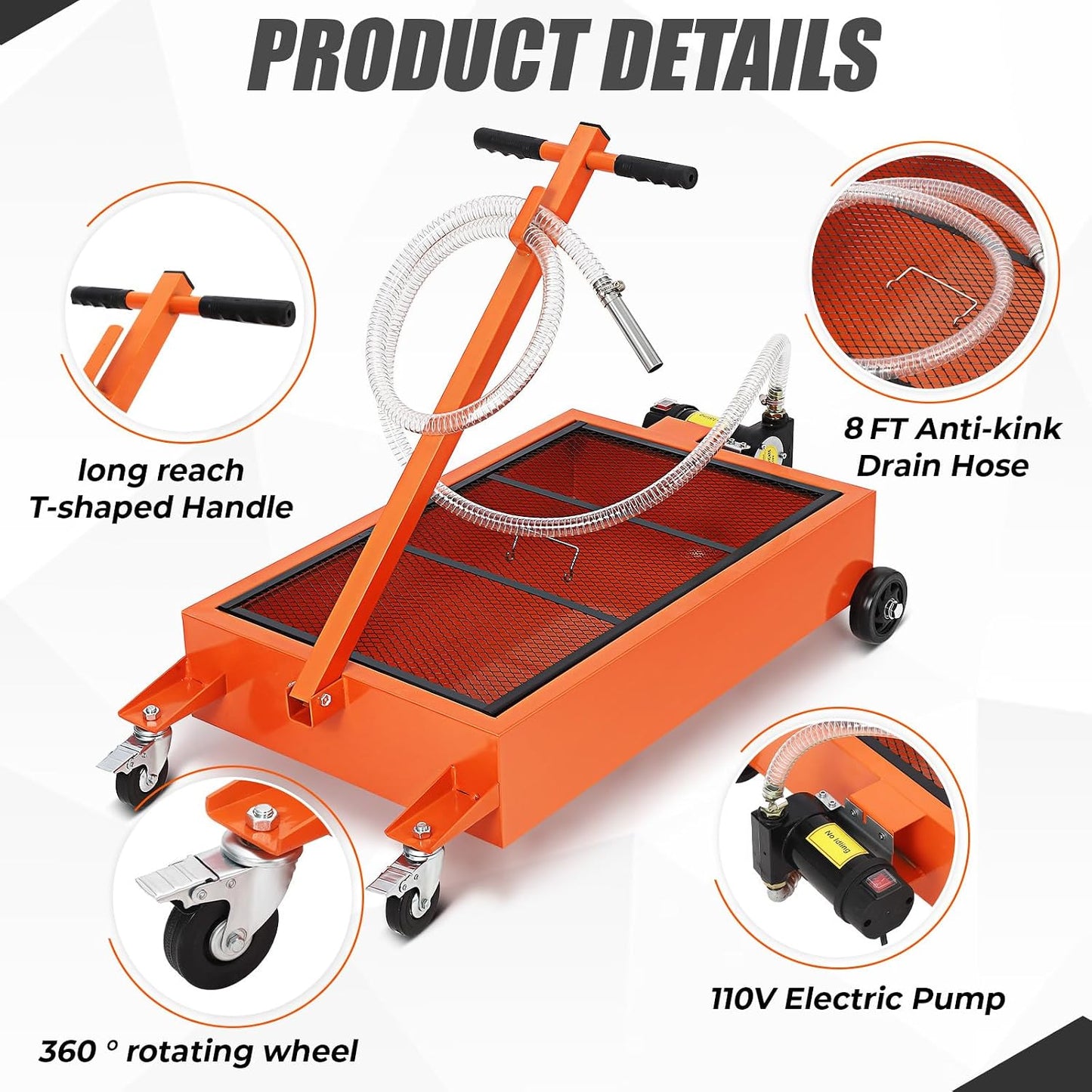 20 Gallon Manual Oil Drain Pan,Low Profile Oil Drain Pan with 110V Electric Pump,76L Oil Change Pan with 8.2ft Hose & Folding Handle, Rolling Oil Drain Cart for Car, SUV, Trucks Oil Draining