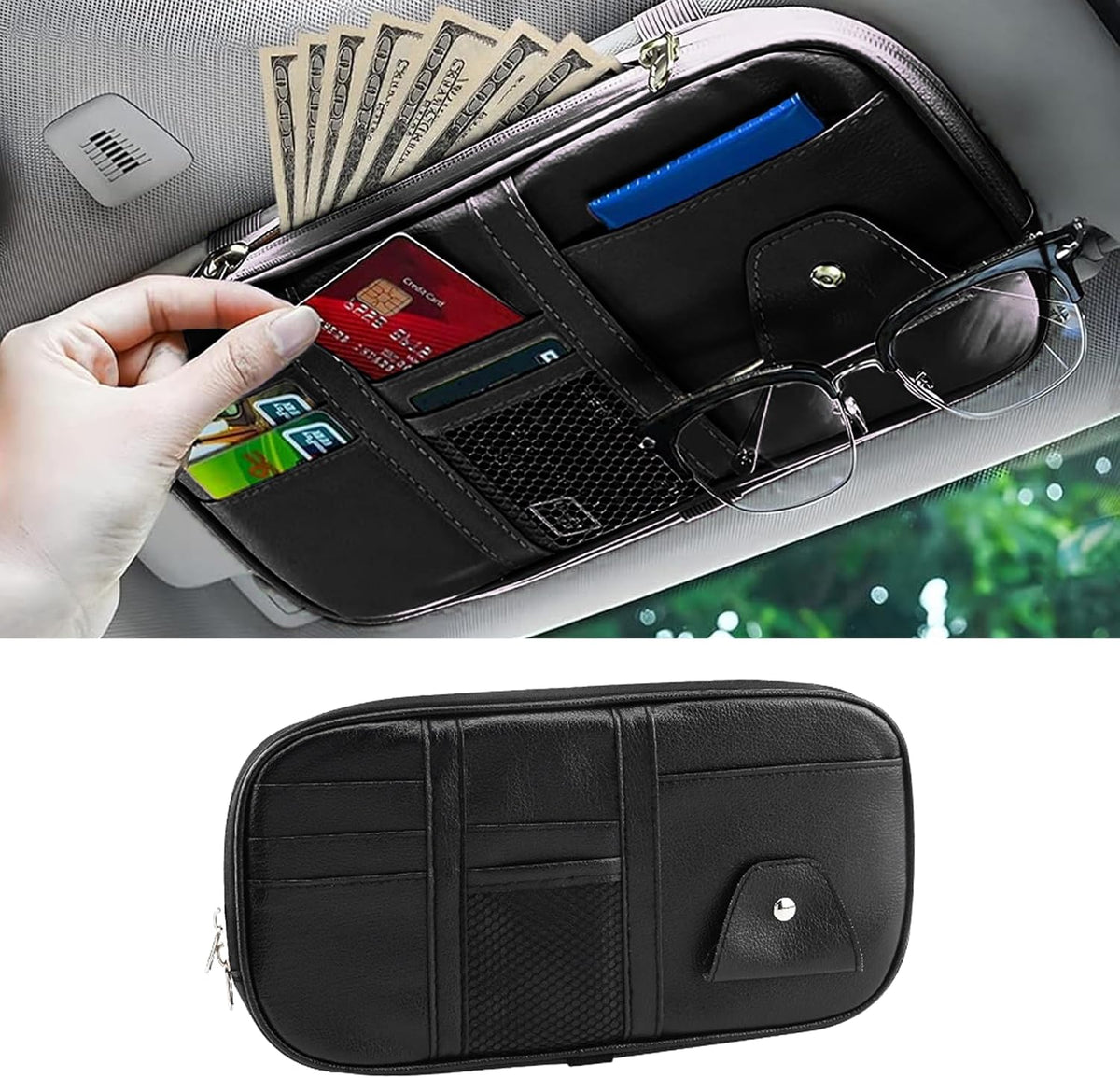 Car Sun Visor Organizer, Sunglass Holder and Storage Pocket, Card Cash Pouch with Multi-Pocket Net Zipper, Case Bag for License Pen Key, Auto Accessories for Truck, SUV, Van (Purple)