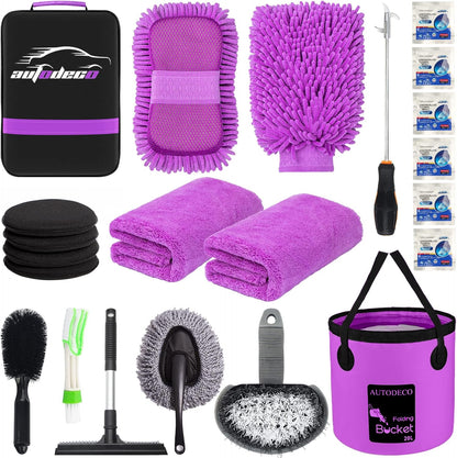 22Pcs Car Wash Cleaning Tools Kit Car Detailing Set with Blue Canvas Bag Collapsible Bucket Wash Mitt Sponge Towels Tire Brush Window Scraper Duster Complete Interior Car Care Kit