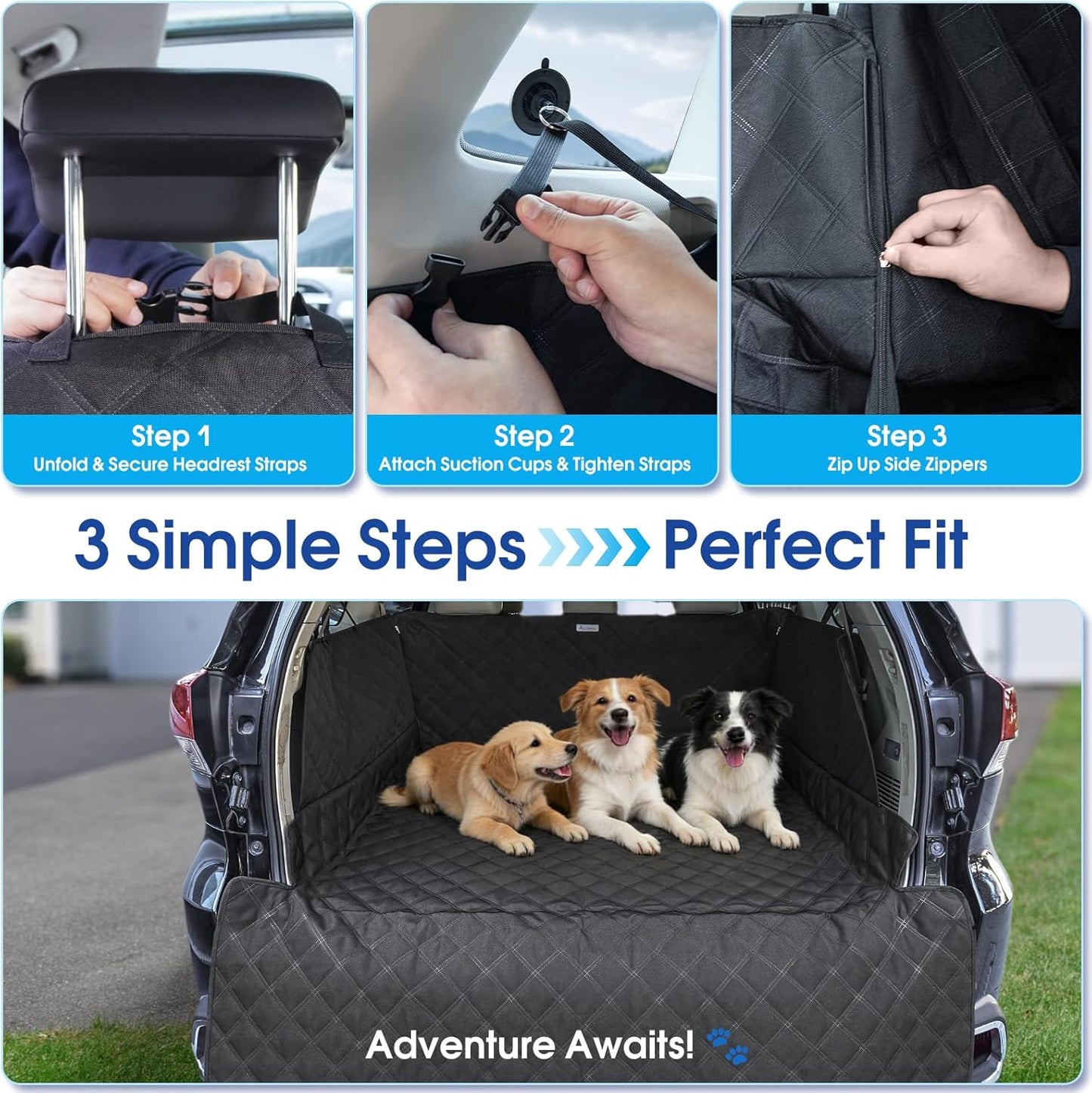 ALLANSING SUV Cargo Liner for Dogs - Heavy-Duty 900D Oxford Waterproof Pet Cargo Protector with 3-Sided Zippered All-Round Protection & TPU Suction Cups, Fits Compact SUVs