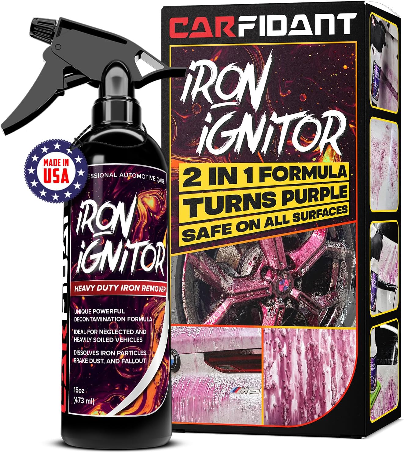 Carfidant Iron Ignitor - Iron Remover & Wheel Cleaner - Color-Changing Purple Decon Spray for Brake Dust, Rust, Fallout - Safe on Paint, Rims & Metal - Car Detailing - pH Neutral - 16oz