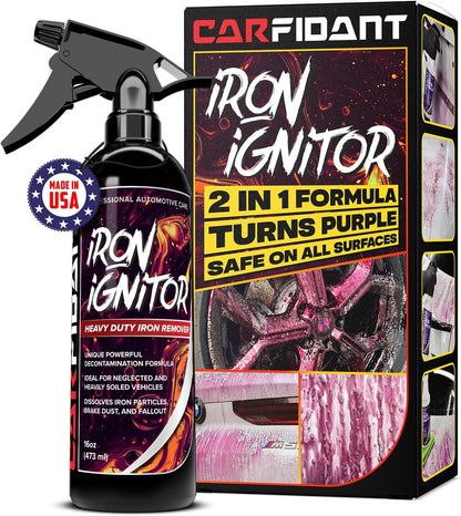 Carfidant Iron Ignitor - Iron Remover & Wheel Cleaner - Color-Changing Purple Decon Spray for Brake Dust, Rust, Fallout - Safe on Paint, Rims & Metal - Car Detailing - pH Neutral - 16oz