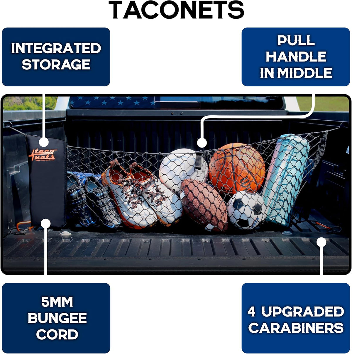 TacoNets Envelope Cargo Net for GMC Sierra & Chevy Silverado - Fits 2013-Current - Upgraded 5mm Bungee - Integrated Storage Bag - Heavy Duty Carabiners - Designed in USA