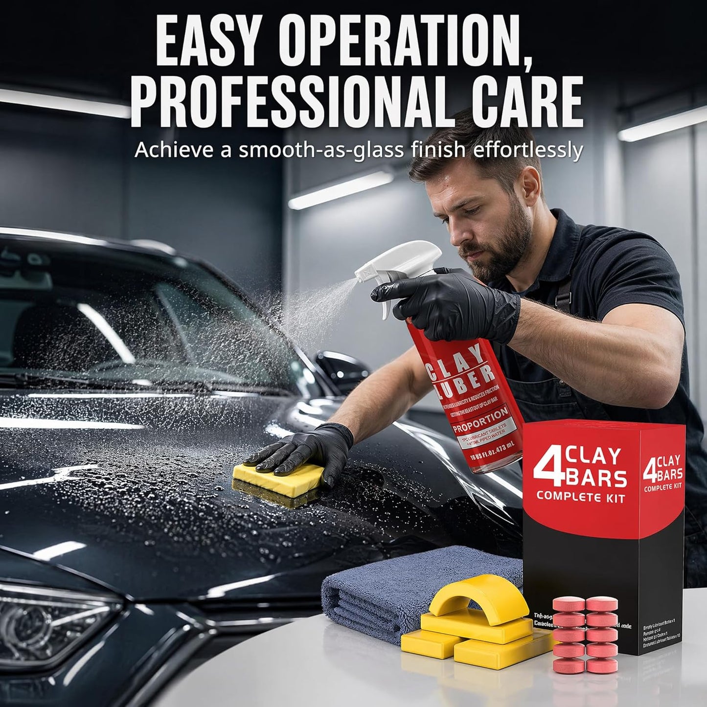 4-Piece Premium Clay Bar Car Detailing Kit - 16oz Clay Lubricant Spray & 10 Lubricant Tablets, Safe for Paint, Glass, Wheels - Removes Contaminants, Sap, Dust for a Smooth Glossy Finish