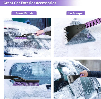 OUSHASAA 27" Snow Brush and Ice Scrapers for Car Windshield 2 Pack |Scratch-Free Bristle Head PVC Snow Brush & Foam Grip Window Snow Scraper Snow Removal Tool with Aluminum Body for Truck, SUV,Purple