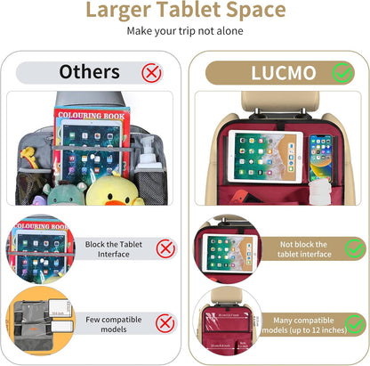 LUCMO Car Backseat Organizer with Tablet Holder,6 Storage Pockets Car Storage Organizer with Foldable Food Tray,Protectors Kick Mats Travel Accessories-Black