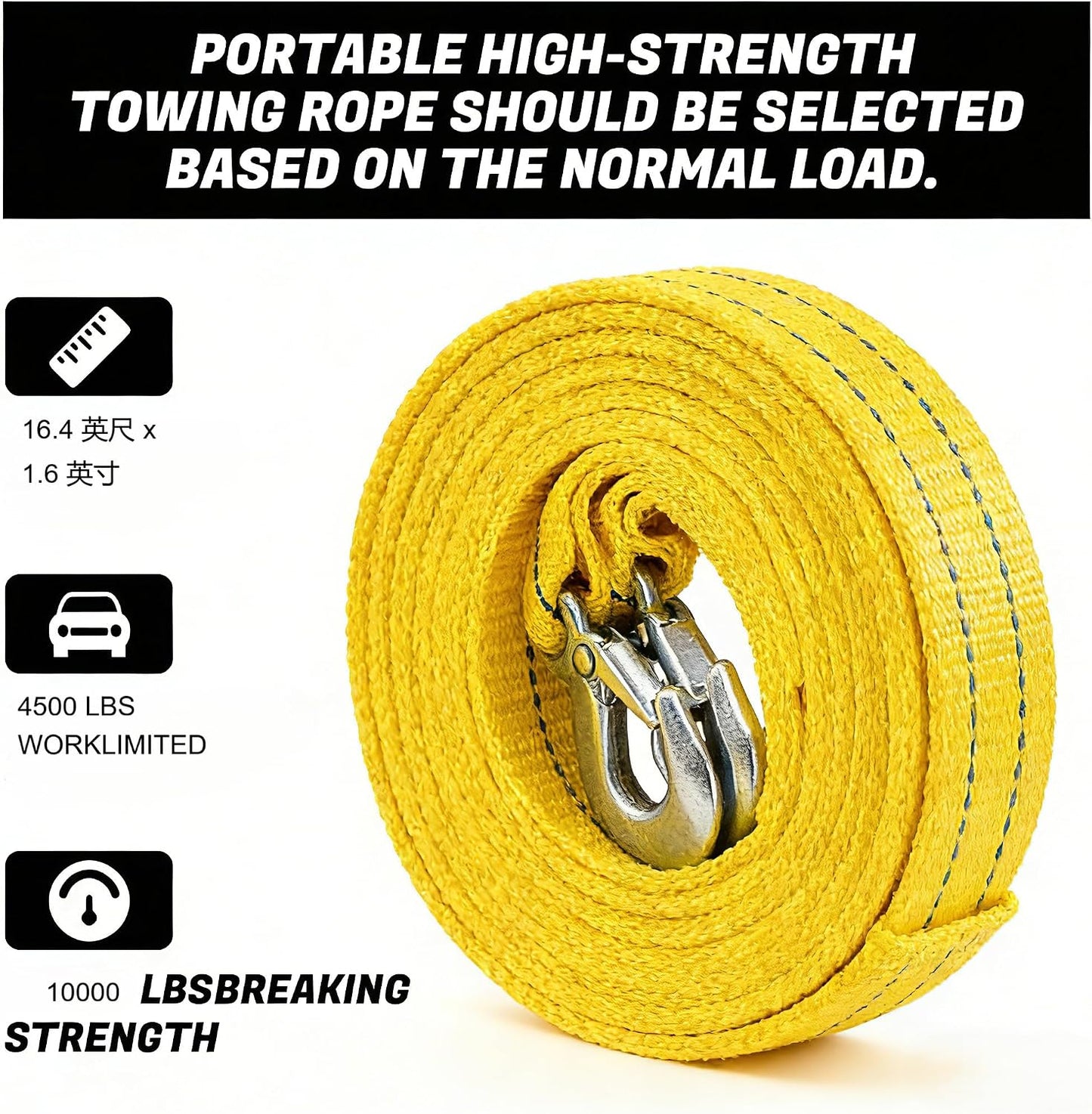 Tow Strap 118 Inch Heavy Duty 10,000 LB Capacity, Boat Winch Strap with Reinforced Loops, Recovery Tow Rope for Vehicle Off-Road & Marine Use, Boat Winch Strap with Hook Alternative