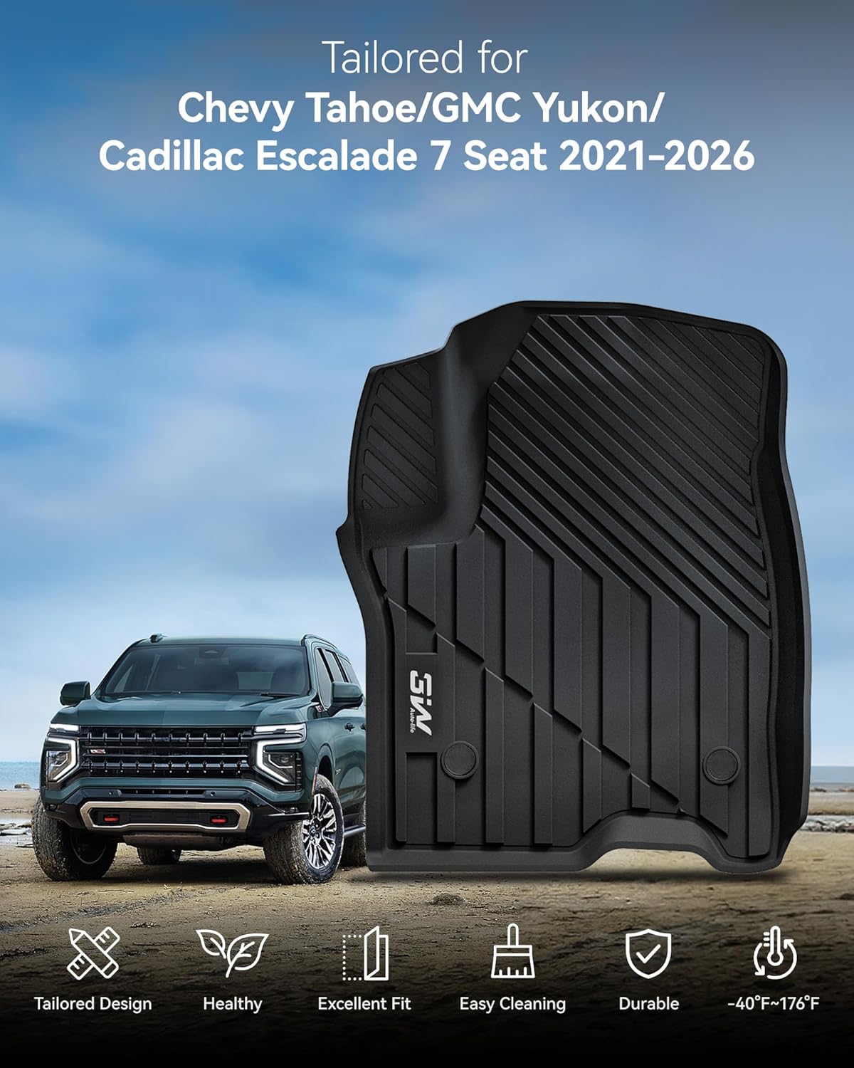 3W Floor Mats & Cargo Liner Fit for 2021 2022 2023 2024 2025 2026 Chevy Tahoe/GMC Yukon/Cadillac Escalade 7 Seat, TPE All Weather Custom Fit Car Accessories Heavy Duty Rubber Full Set Trunk Mats - Colors B