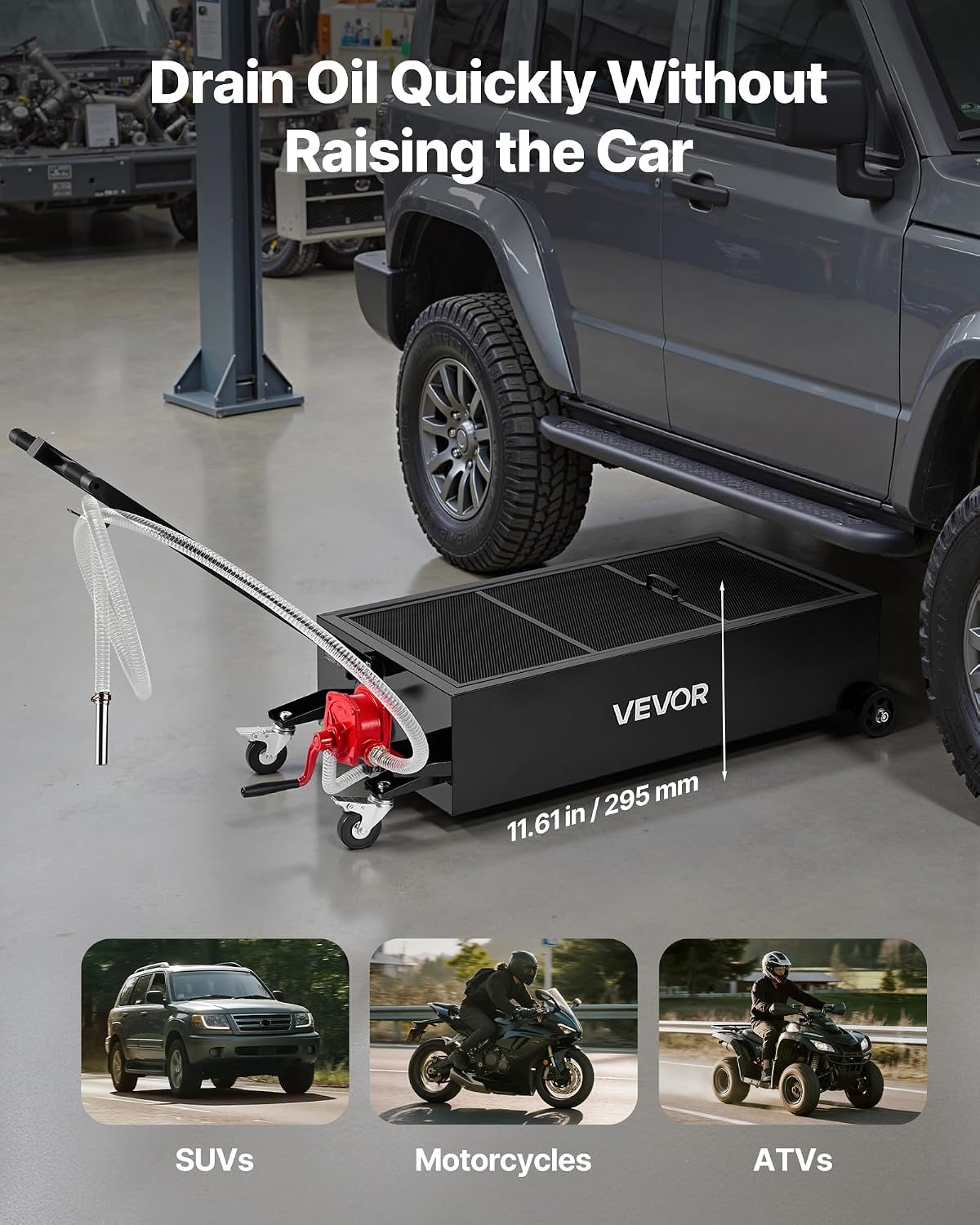 VEVOR Low Profile Oil Drain Pan, 20 Gallon Capacity, Rolling Oil Drain Pan with Manual Pump, 7.2 ft Hose & T Folding Handle, Leak-Proof & Corrosion-Resistant, Fit for Cars, SUVs, Trucks, ATVs, Red