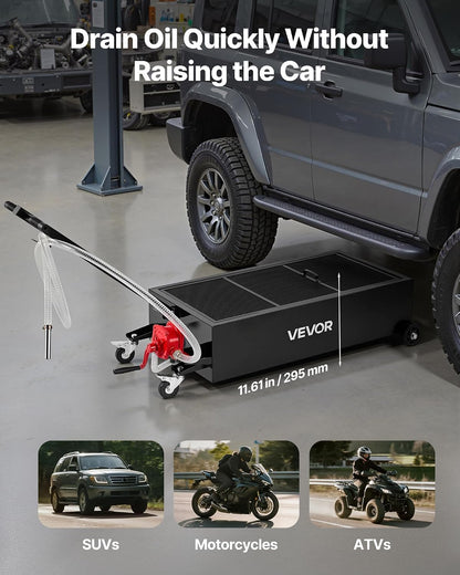 VEVOR Low Profile Oil Drain Pan, 20 Gallon Capacity, Rolling Oil Drain Pan with Manual Pump, 7.2 ft Hose & T Folding Handle, Leak-Proof & Corrosion-Resistant, Fit for Cars, SUVs, Trucks, ATVs, Red