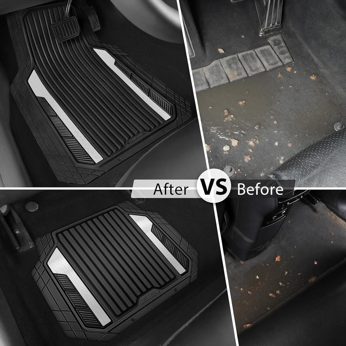 CAR PASS Heavy Duty Rubber Car Mats Metallic, Aluminum Film All Weather Floor Mats Waterproof Universal Trim to Fit Automotive SUV Sedan Van 4 Piece Anodized Deep Dish Two-Tone Sporty Black Red Chrome
