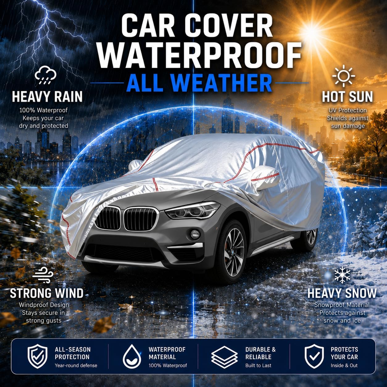 Car Cover for Sedan, Waterproof All Weather Heavy Duty, 360° Underbody Wrap Windproof Design, Quick Install Outdoor Vehicle Cover, Fits 186-193 in