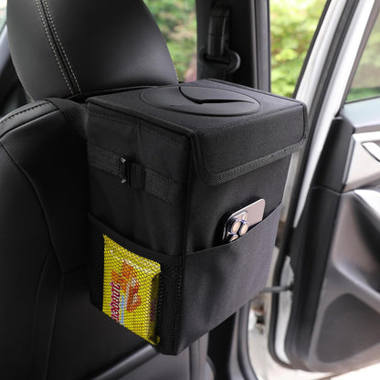 AOKJOY Car Garbage can with lid Leak Proof Vehicle Trash Can 3 Storage Pockets Hanging Waterproof car Trash Bag for SUV Beige