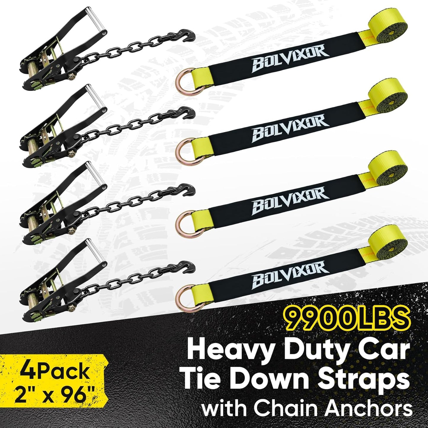 4 Pack Car Tie Down Straps for Trailers - 2" x 96" - 9900LBS Break Strength - Tire Ratchet Straps with Heavy Duty Chain Anchors for Hauling UTV, SUV, Truck, Any Cars
