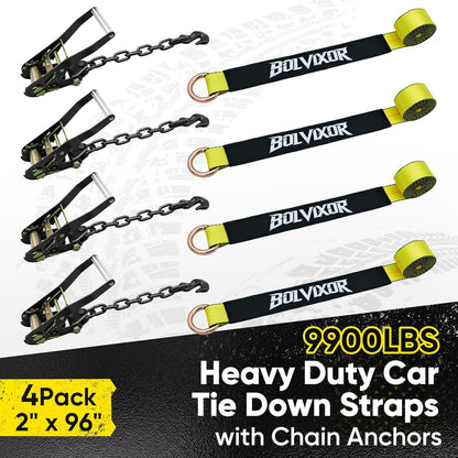 4 Pack Car Tie Down Straps for Trailers - 2" x 96" - 9900LBS Break Strength - Tire Ratchet Straps with Heavy Duty Chain Anchors for Hauling UTV, SUV, Truck, Any Cars