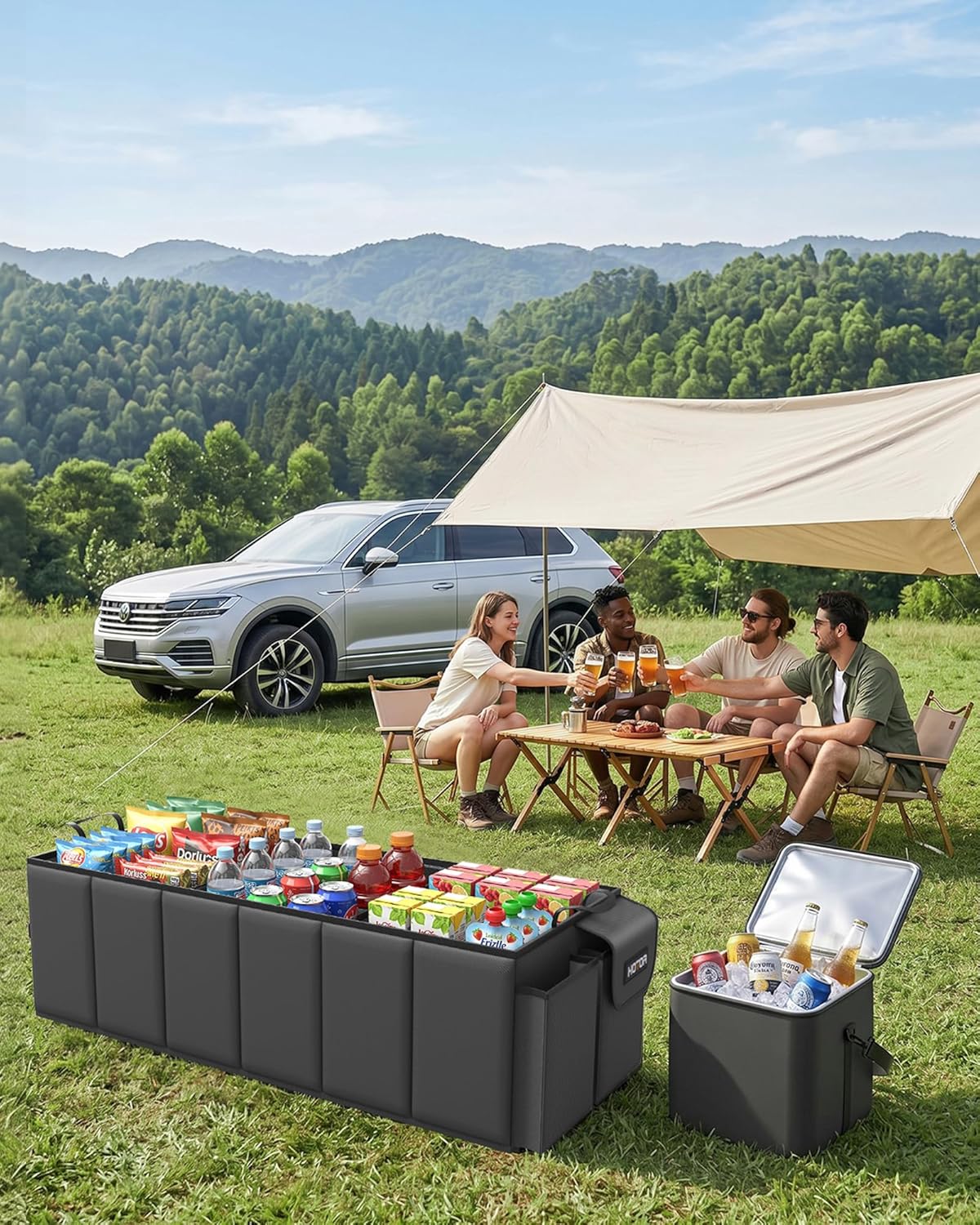 HOTOR Trunk Organizer, Sturdy Foldable with Cooler for Car & SUV, 3 Compartments, Black, 30.90”×12.60”×10.63”