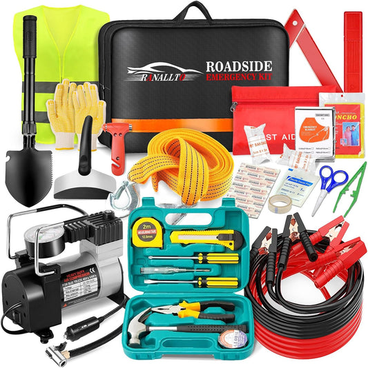 Car Emergency Roadside Kit,Vehicles Truck Road Side Safety Tool Kit with Air Compressor,Women Men Auto Winter Essentials Assistance Survival Kit with Jumper Cables First Aid Kit Blanket Shovel