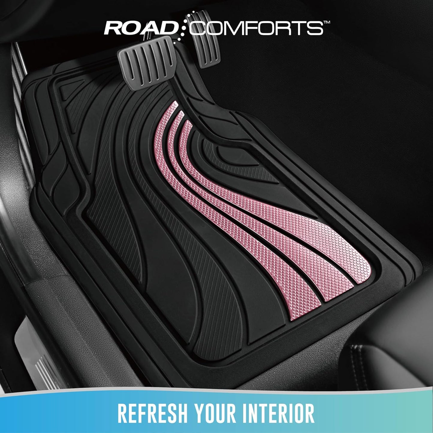 Road Comforts Car Floor Mats Full Set – Front & Rear Car Floor Mats with Aluminum Design, Anti-Slip Backing, All-Weather Protection, Trim-to-Fit Car Mats for Most Sedans, SUVs & Vans -All Pink