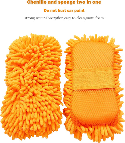 Microfiber Car Wash Sponge-Non-Scratch Wash Mitt-Two Sided Chenille Microfiber Washing Sponge-Mitt for Cars, Trucks, SUVs, Boats(2 Pack Green)