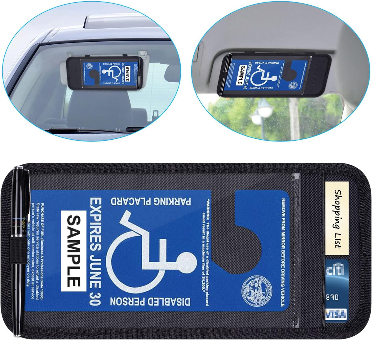 Handicap Placard Holder for Auto, Wisdompro Disabled Parking Permit Sign Protector for Car Sun Visor with Note Paper Slot, Pen Holder and Elastic Strap - Black