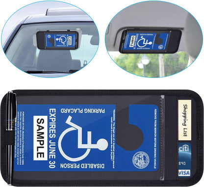 Handicap Placard Holder for Auto, Wisdompro Disabled Parking Permit Sign Protector for Car Sun Visor with Note Paper Slot, Pen Holder and Elastic Strap - Black