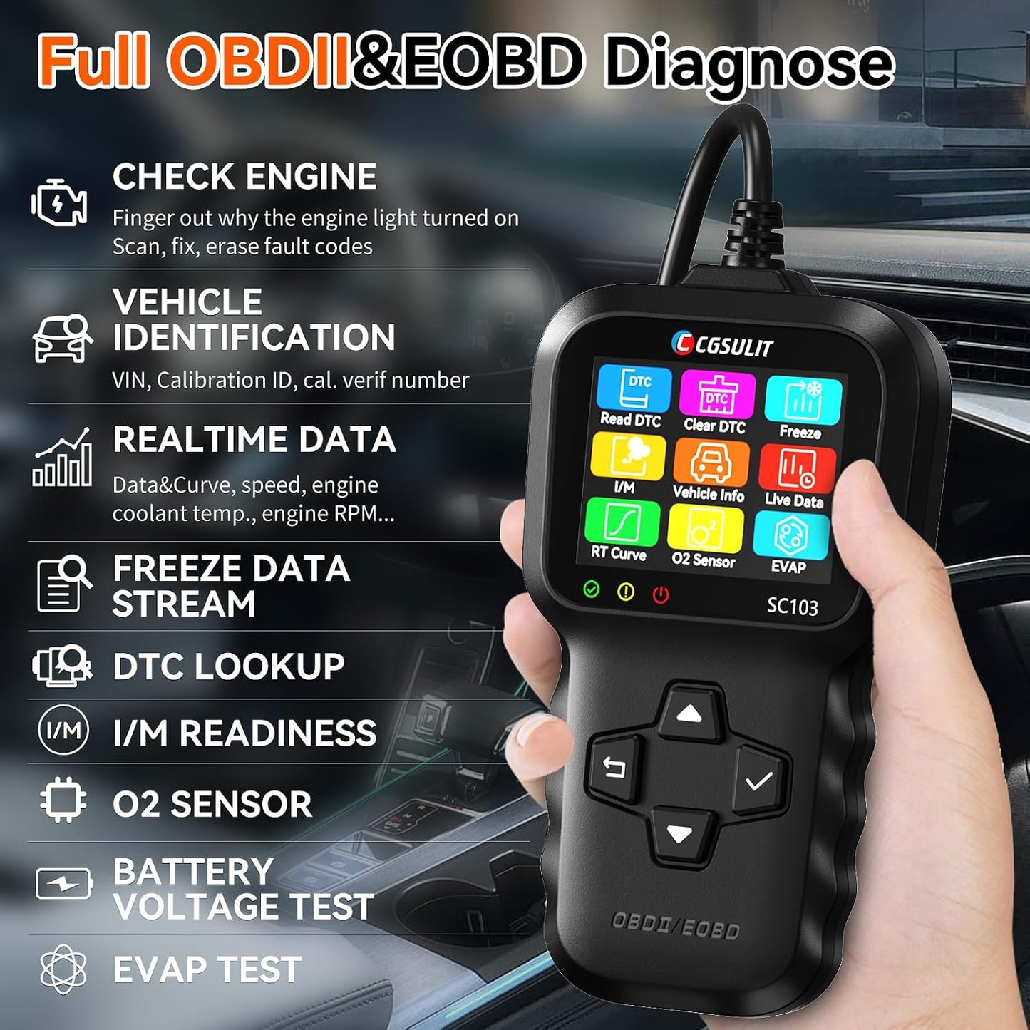 OBD2 Scanner, CGSULIT SC103 Car Code Reader Diagnose Check Engine Light Smog Check DTCs Scan Tool Live Data Stream Voltage Test for Vehicles Since 1996