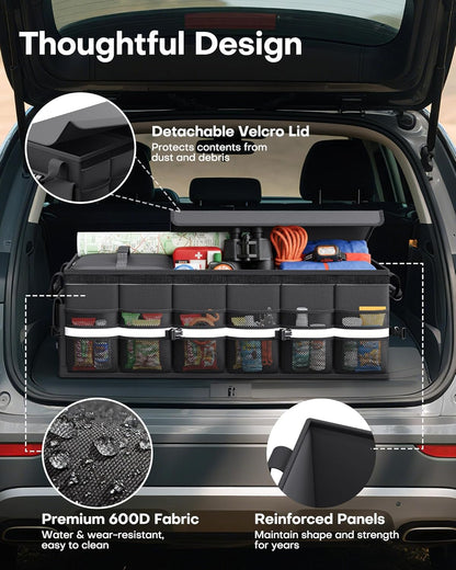 HOTOR Car Trunk Organizer - Trunk Organizer for SUV with Removable Cooler Bag, Foldable Cover, 3 Compartment Car Storage Essential Car Accessories for Truck, Van & Sedan, Black, 33.1" x 12.6" x 11.0"