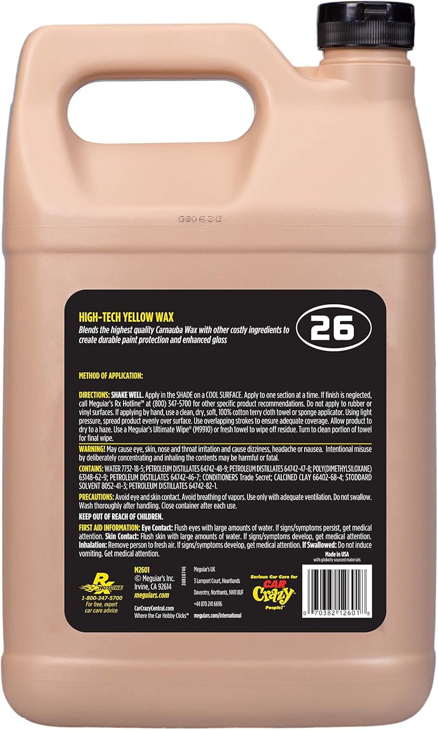 Meguiar’s Professional Hi-Tech Yellow Wax M2601, Versatile Liquid Car Wax Offers Durable Paint Protection, Rich Color, and Shine, Clear Coat Safe Formula Can Be Applied by Hand or DA Polisher, 1 Gal