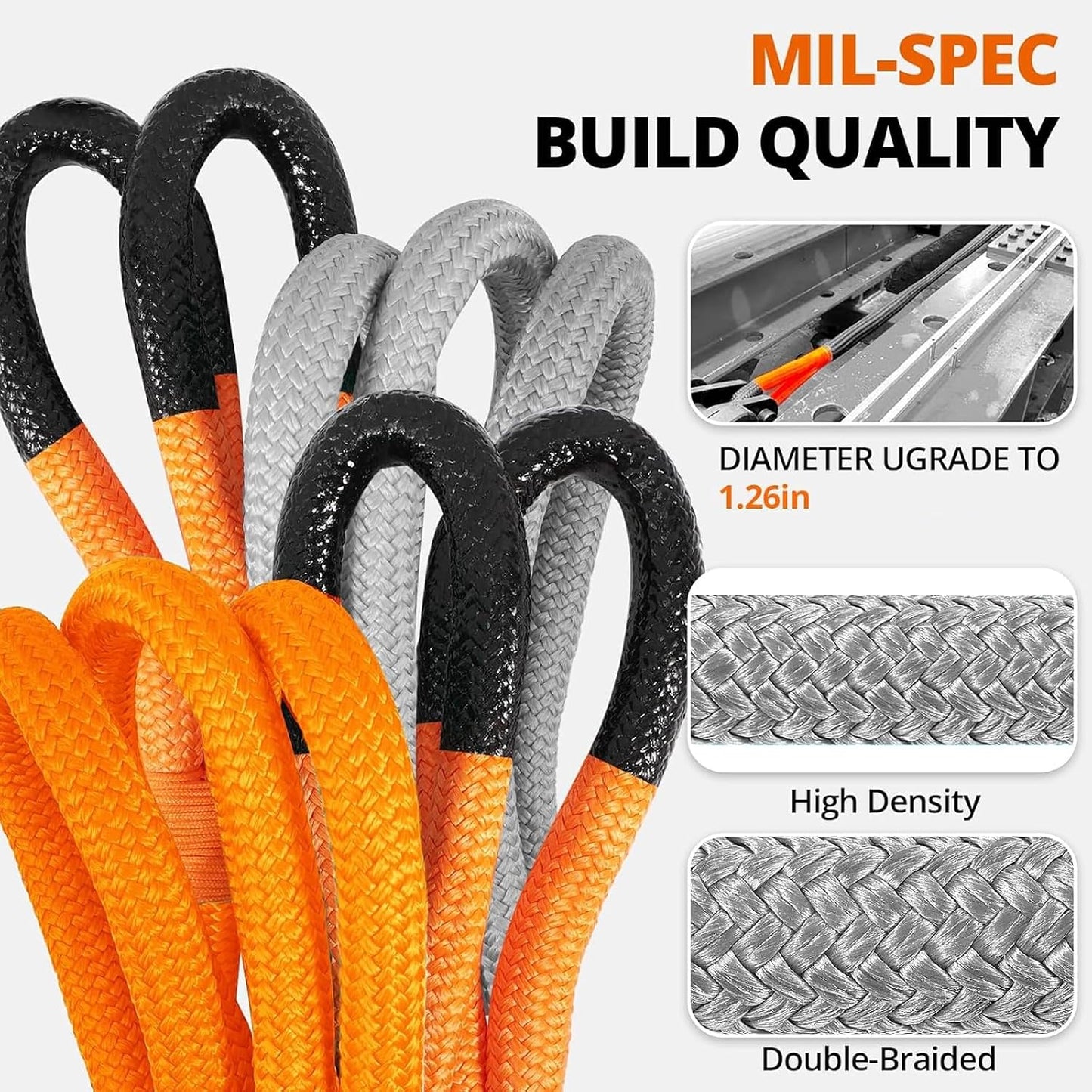 Kinetic Recovery Tow Rope: 1.26" x 30ft Snatch Strap with Soft Shackles Heavy Duty Offroad Towing Straps Kit for Trucks SUV UTV ATV Tractor Car Jeep - Black