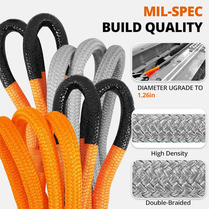 Kinetic Recovery Tow Rope: 1.26" x 30ft Snatch Strap with Soft Shackles Heavy Duty Offroad Towing Straps Kit for Trucks SUV UTV ATV Tractor Car Jeep - Black