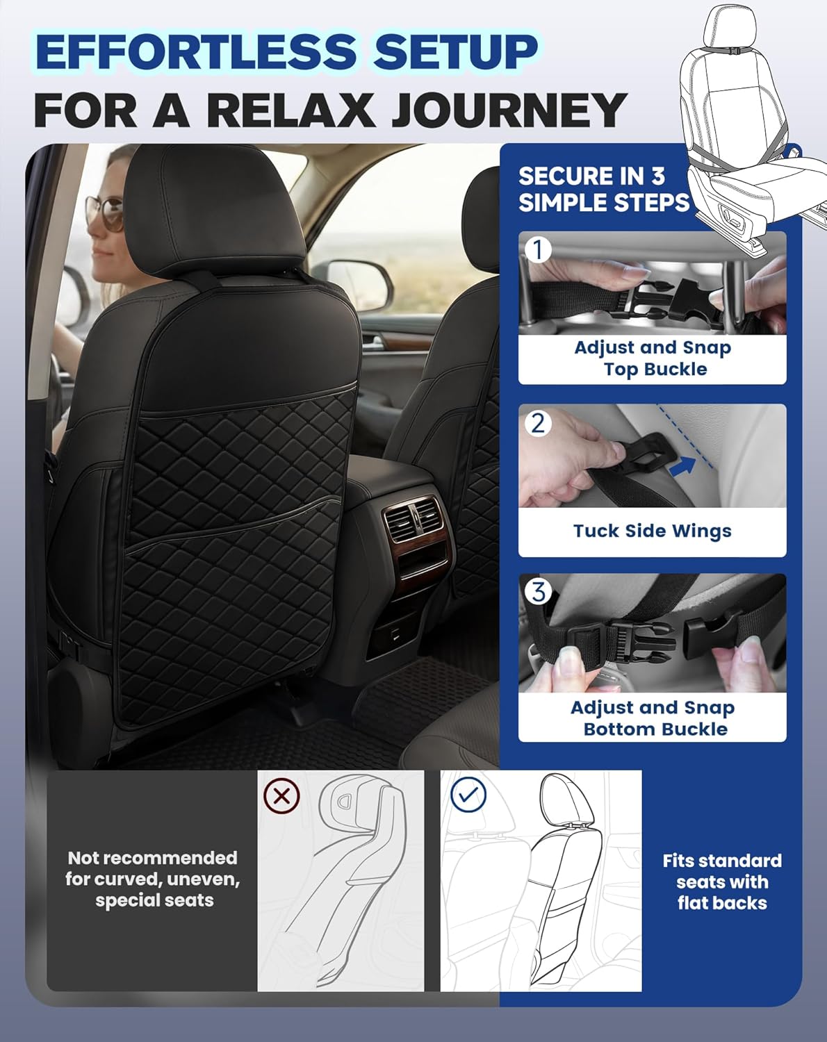 Seat Back Protectors for Kids, Car Kick Mats for Back of Front Seats with Large Pocket Organizer, Waterproof, Protects Against Dirt, Scuffs & Scratches, Fits Most Vehicles, 2PCS (Black)