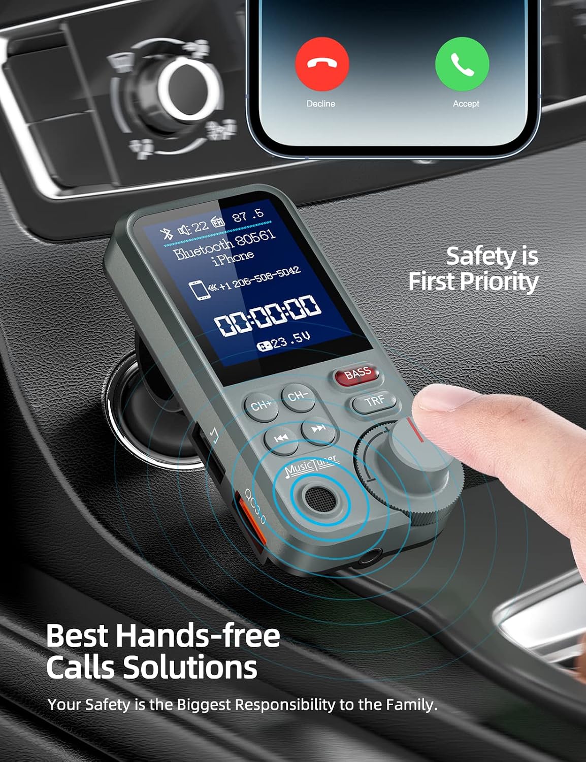 Nulaxy KM30 Bluetooth Car Adapter, FM Transmitter with 1.8" Color Screen, Hands-Free Calling Strong Mic, QC3.0 Fast Charging, Treble & Bass Sound Music Player, Wireless Radio Receiver, AUX TF USB