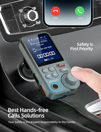 Nulaxy KM30 Bluetooth Car Adapter, FM Transmitter with 1.8" Color Screen, Hands-Free Calling Strong Mic, QC3.0 Fast Charging, Treble & Bass Sound Music Player, Wireless Radio Receiver, AUX TF USB