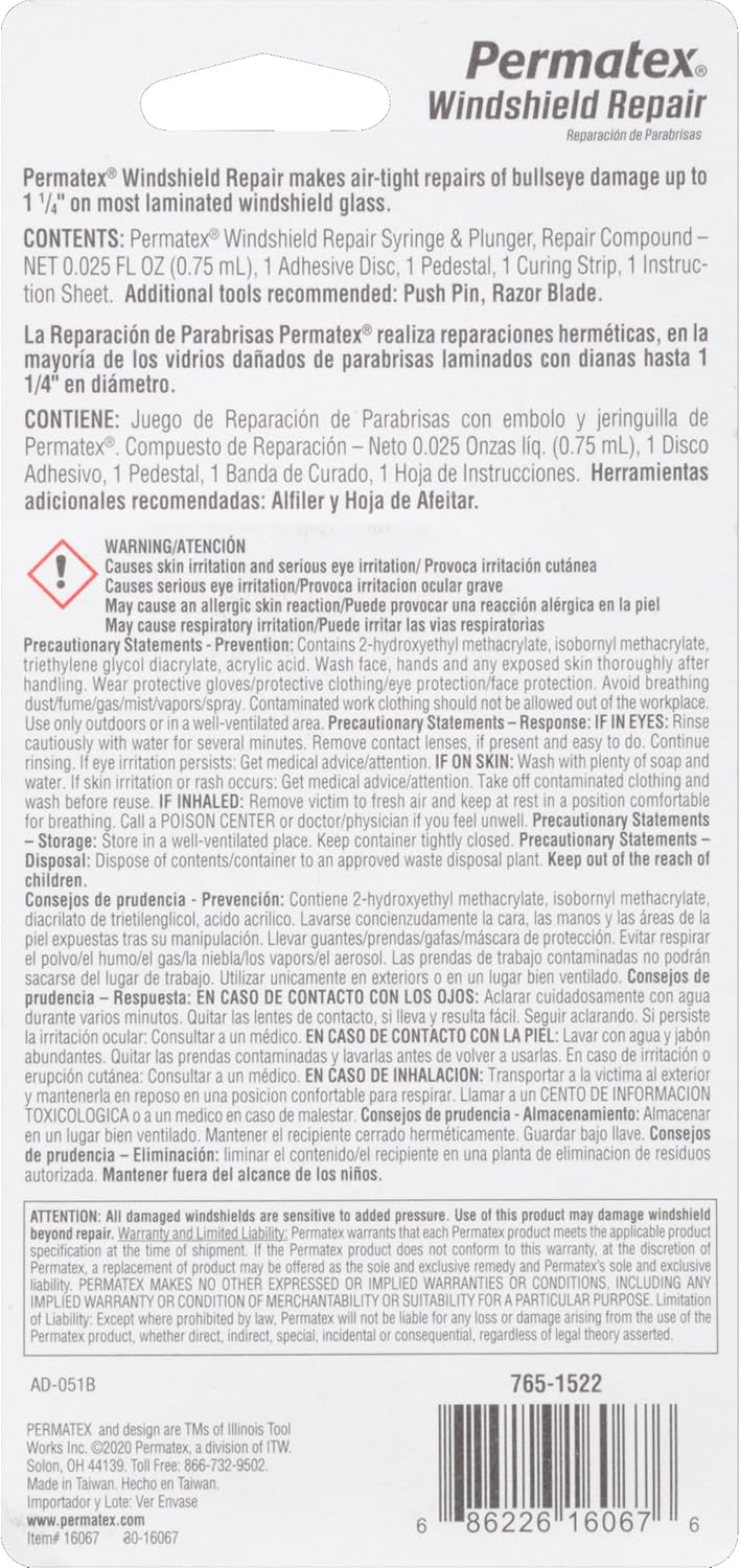 Permatex 16067 Bullseye Windshield Repair Kit, .025 oz. Syringe, .025 Ounce Syringe , White